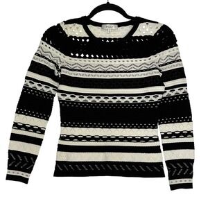 Milly Striped Knit Sweater Open Stitch Knit Long Sleeve Top Black Cream‎ Size P
